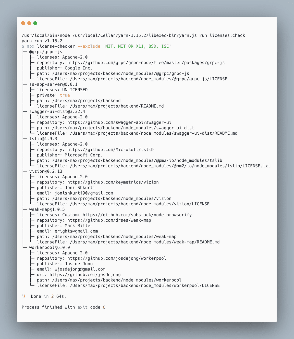 yarn run license-checker — exclude ‘MIT, MIT OR X11, BSD, ISC